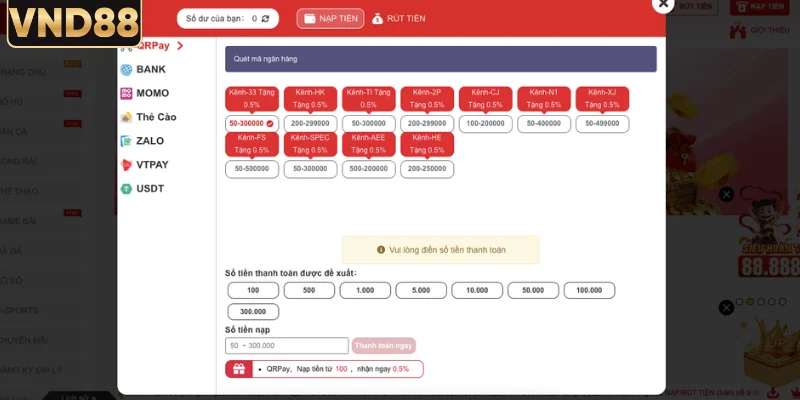 Hướng dẫn nạp tiền VND88 qua BANK